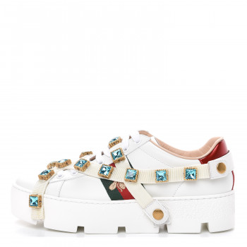 GUCCI Calfskin Removable Crystals Bee Embroidered Womens Ace Platform Sneakers 37.5 White