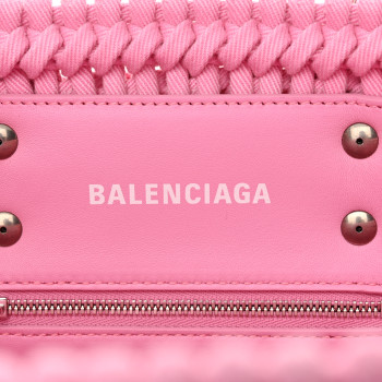 BALENCIAGA Washed Frayed Denim Braided XS Bistro Basket Pink
