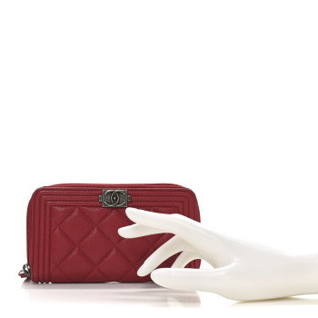CHANEL Lambskin Quilted Small Boy Zip Around Wallet Red