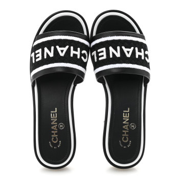 CHANEL Lambskin Embroidered CC Mule Sandal 38.5 Black White