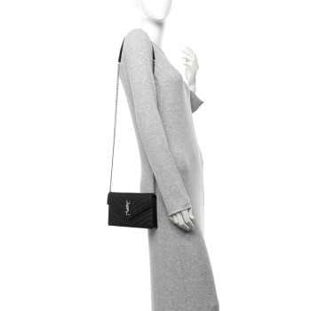 SAINT LAURENT Grain De Poudre Matelasse Chevron Monogram Envelope Chain Wallet Black