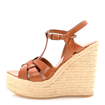 SAINT LAURENT Calfskin 85 Platform Espadrille Wedge Sandals 39 Brown
