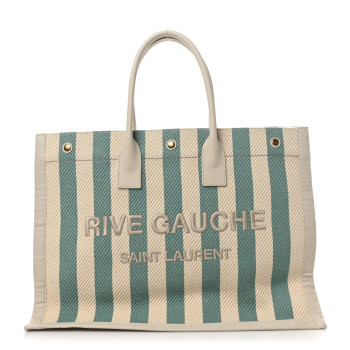 SAINT LAURENT Cotton Linen Calfskin Striped Rive Gauche Tote Water Green