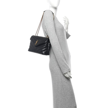 SAINT LAURENT Calfskin Y Quilted Monogram Small Loulou Chain Satchel Black