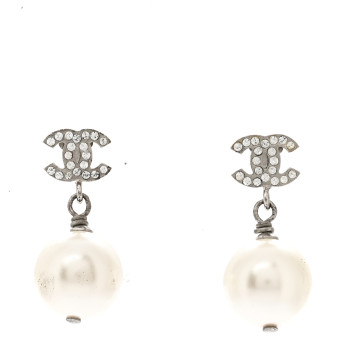 CHANEL Crystal Pearl CC Drop Earrings Silver Pearly White