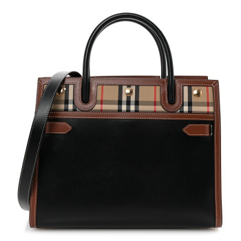 BURBERRY Calfskin Vintage Check Small Two Handle Title Bag Black