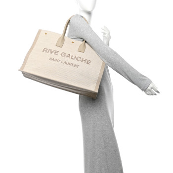 SAINT LAURENT Linen Calfskin Rive Gauche Tote Beige Sea Salt