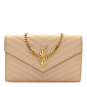 SAINT LAURENT Grain De Poudre Matelasse Chevron Monogram Chain Wallet Nude Powder