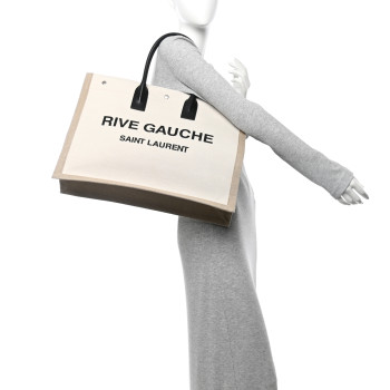 SAINT LAURENT Linen Calfskin Rive Gauche Tote Optic White