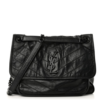 SAINT LAURENT Crinkled Calfskin Matelasse Monogram Medium Niki Chain Satchel Black