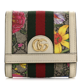GUCCI GG Supreme Monogram Flora Textured Calfskin Web Ophidia Card Case Wallet Beige Ebony Multicolor Mystic White