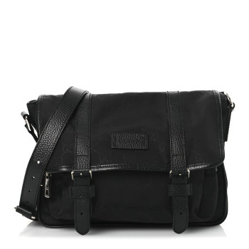 GUCCI Nylon Monogram Double Buckle Flap Messenger Bag Black