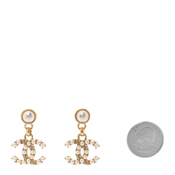 CHANEL Pearl Crystal CC Drop Earrings Gold
