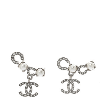 CHANEL Metal Crystal Pearl Coco CC Earrings Silver