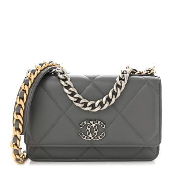 CHANEL Lambskin Quilted Chanel 19 Wallet On Chain WOC Dark Grey