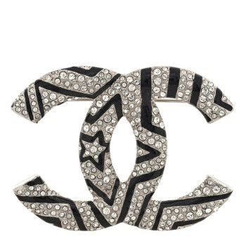 CHANEL Crystal Enamel Star CC Brooch Silver Black