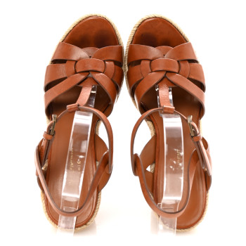SAINT LAURENT Calfskin 85 Platform Espadrille Wedge Sandals 39 Brown