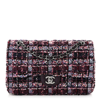 CHANEL Tweed Quilted Medium Double Flap Dark Purple