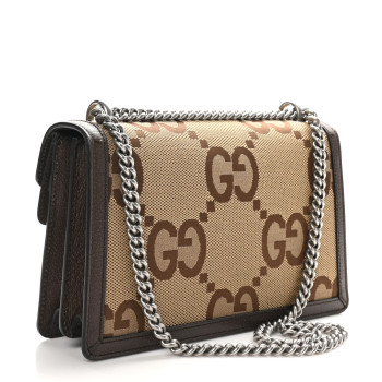 GUCCI Monogram Jumbo GG Textured Dollar Calfskin Small Dionysus Shoulder Bag Camel Ebony New Acero