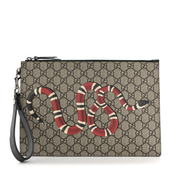 GUCCI GG Supreme Monogram Kingsnake Zip Wristlet Pouch Beige Black