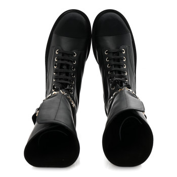 CHANEL Shiny Calfskin Lace Up Combat Boots 38 Black