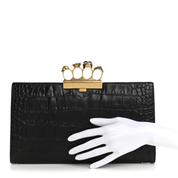 ALEXANDER MCQUEEN Calfskin Crocodile Embossed Knuckle Flat Clutch Black