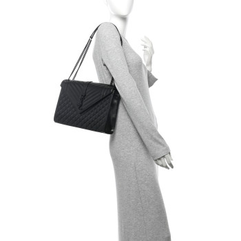 SAINT LAURENT Grain De Poudre Textured Mixed Matelasse Large Triquilt Monogram Monochrome Satchel Black