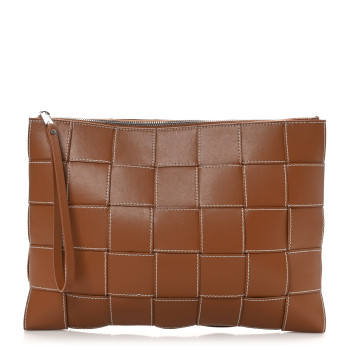 BOTTEGA VENETA Calfskin Maxi Intreccio Large Cassette Flat Zip Pouch Wood Natural