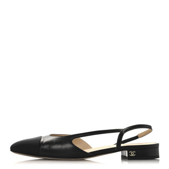 CHANEL Goatskin Grosgrain Cap Toe CC Slingback Flats 39 Black