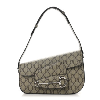 GUCCI Monogram Small Horsebit 1955 Asymmetric Shoulder Bag Beige Ebony