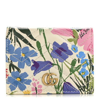 GUCCI X KEN SCOTT Calfskin Matelasse Floral Print GG Marmont Card Case Wallet Ivory Pink