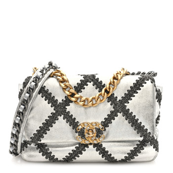 CHANEL Metallic Calfskin Crochet Medium Chanel 19 Flap Silver