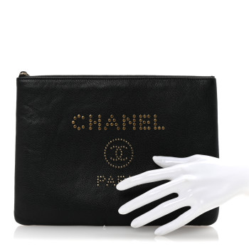 CHANEL Caviar Studded Medium Deauville Pouch Black
