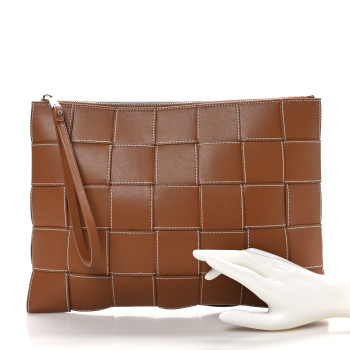 BOTTEGA VENETA Calfskin Maxi Intreccio Large Cassette Flat Zip Pouch Wood Natural