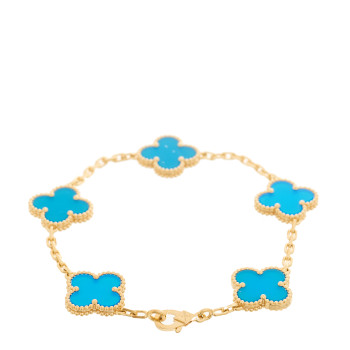 VAN CLEEF & ARPELS 18K Yellow Gold Blue Agate 5 Motifs Vintage Alhambra Bracelet