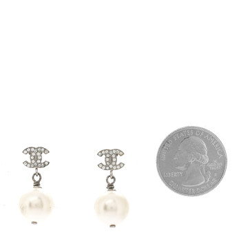 CHANEL Crystal Pearl CC Drop Earrings Silver Pearly White
