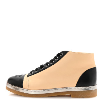 CHANEL Lambskin CC Lace Up Short Boots 40 Beige Black