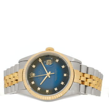 ROLEX Stainless Steel 18K Yellow Gold Diamond 36mm Oyster Perpetual Datejust Watch Blue 16233