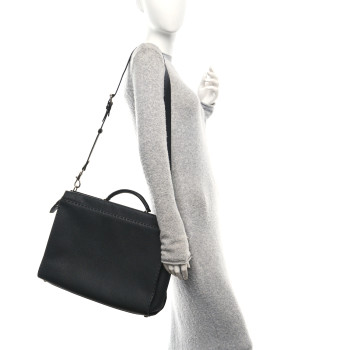 FENDI Cuoio Romano Selleria Metal Stitch Large Mens Peekaboo Iconic Essential Satchel Black