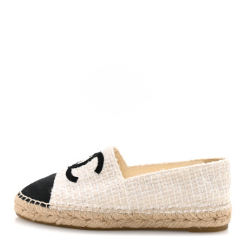 CHANEL Tweed Grosgrain CC Espadrilles 39 White Black