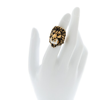 GUCCI Metal Glass Pearl Lion Head Ring 10 62 Aged Gold