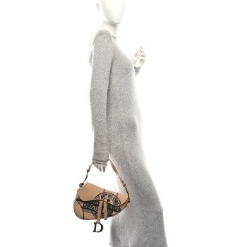CHRISTIAN DIOR Canvas Jute Embroidered Saddle Bag Black Beige