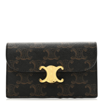 CELINE Triomphe Canvas Calfskin Flap Long Card Holder Tan