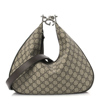 GUCCI GG Supreme Monogram Textured Calfskin Web Large Attache Shoulder Bag Beige Ebony New Acero