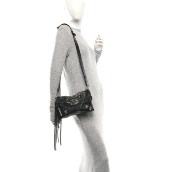 BALENCIAGA Agneau Classic Silver Hardware Mini City Logo Strap Black White