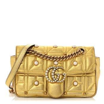 GUCCI Metallic Calfskin Matelasse Studded Mini Pearly GG Marmont Shoulder Bag Gold