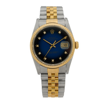 ROLEX Stainless Steel 18K Yellow Gold Diamond 36mm Oyster Perpetual Datejust Watch Blue 16233