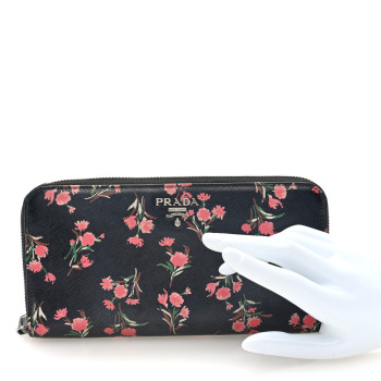 PRADA Saffiano Floral Print Zip Around Wallet Black