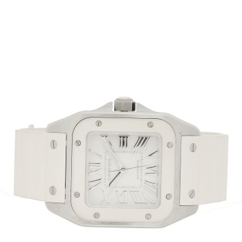 CARTIER Stainless Steel Rubber 33mm Santos 100 Automatic Watch White