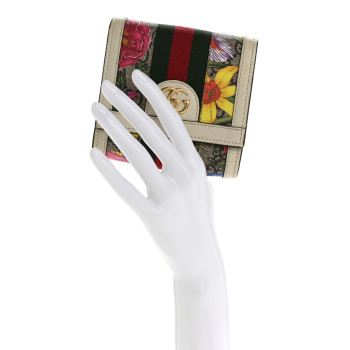GUCCI GG Supreme Monogram Flora Textured Calfskin Web Ophidia Card Case Wallet Beige Ebony Multicolor Mystic White